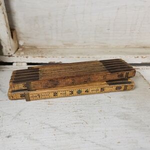 2 Vintage Wooden Folding Extension Rulers Lufkin Red, Blue Grass- Wood & Brass